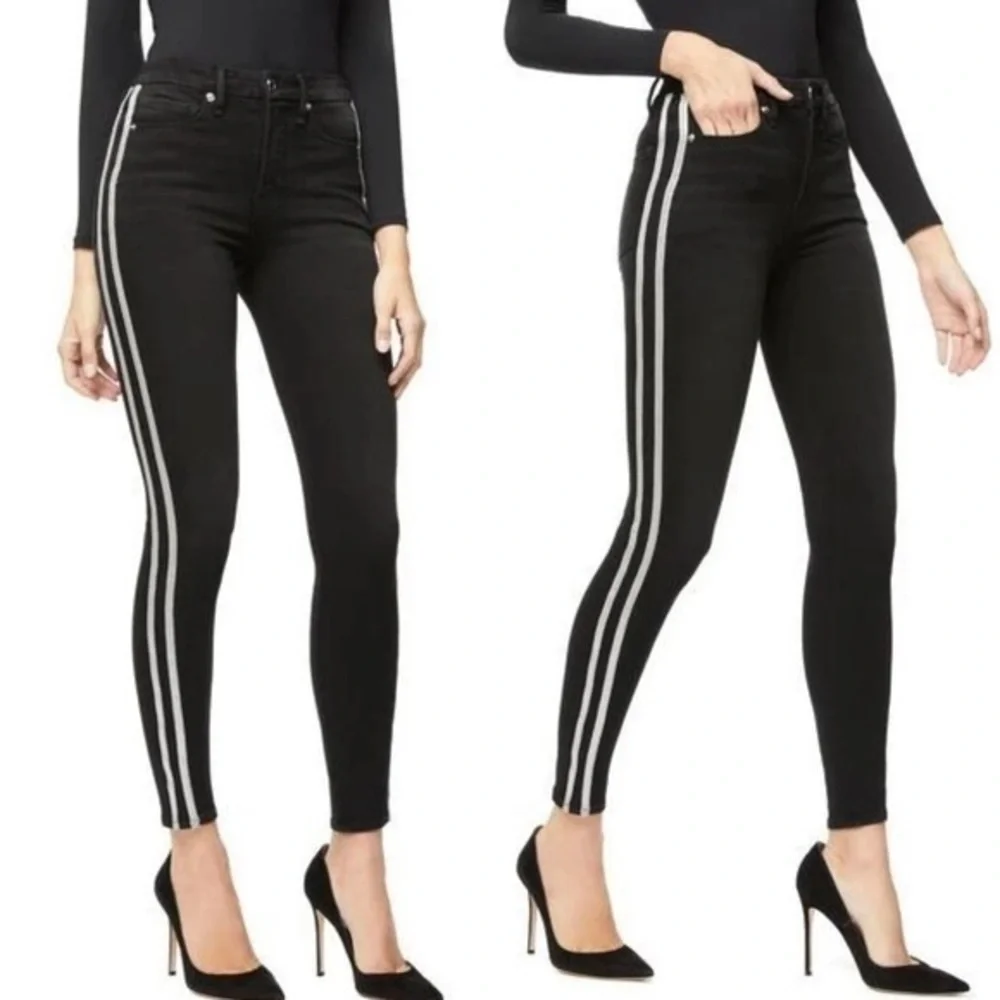 Good American Good Legs Athletic Stripe Black Skinny Jeans NWT